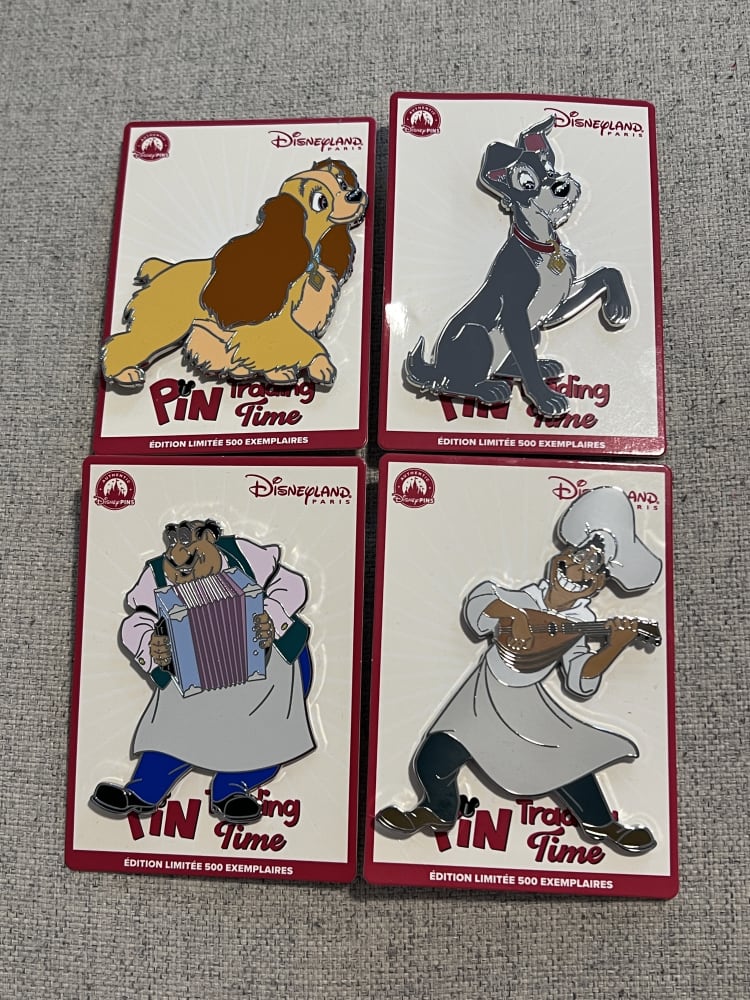 Disneyland Paris Limited Edition Pin Trading Time Lady and the Tramp 4 Pin Set view 1